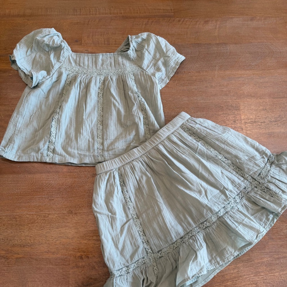 Abercrombie Kids Girls Sage Green Gauze Lace Set Top 9/10 Skirt 11/12 Boho